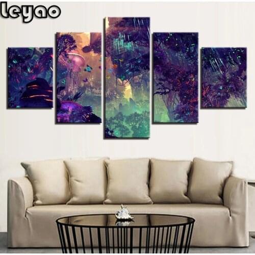 Diamond Painting Full 5 Pieces Colorful Glowing Forest Fantasy Art Home Decor Multi-Picture Diamond Embroidery Mushroom Tree