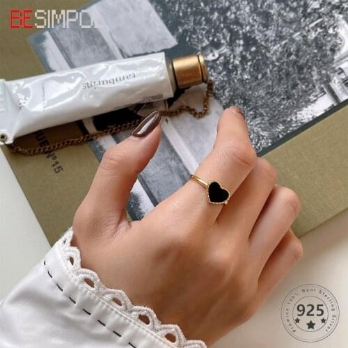 Besimpol Real s925 Sterling Silver Heart Ring Simple Fashion Adjustable Gold Rings For Women Luxury Fine Jewelry Party Gifts