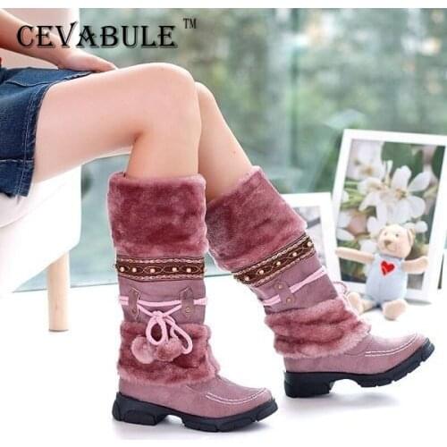 CAVABULE Fashion Collar High Boots Hairball Lady Hugh Boots Slope Heel Snow Women Shoes 2020 Winter Boots Lolita Shoes TYX