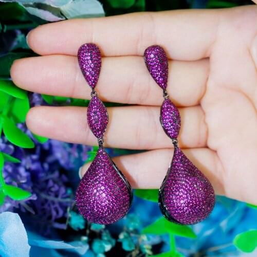 CWWZircons Luxury Big Water Drop Disco Balls Micro Pave Hot Pink Red Cubic Zircon Long Earrings for Women Wedding Party CZ727