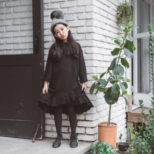 Teenage Princess Long Dress Winter Cotton Solid Black Clothes Ruffles Thicken Warm Dresses for Kids Girls New Years Eve Dress