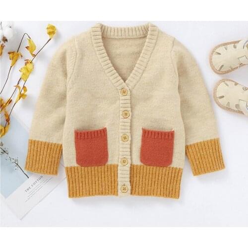 Girls Single Breasted Baby Pocket Cotton Infant Patchwork Cardigan 0-3 Years Children 2021 Autumn Winter Clothes Toddler Sweater