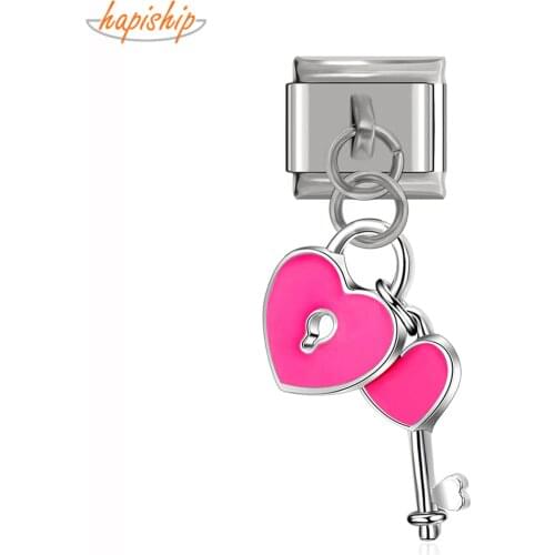 Hapiship 2019 Original Daisy Women Lady Love Pink Heart Key Italian Charm Fit 9mm Bracelet Stainless Steel Jewelry Making DJ87