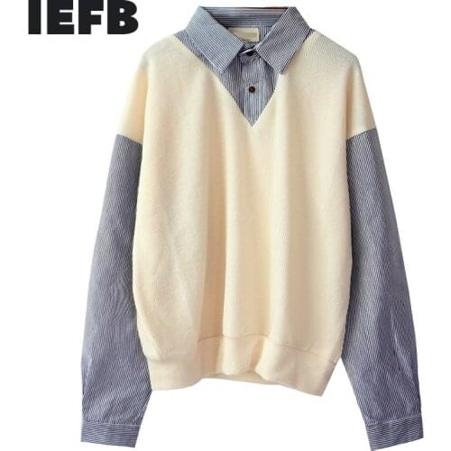 IEFB /mens Wear False Two Pieces Shirts Male 2021 Spring New Color Block Korean Fashion Pullovers Tops Loose Personality 9Y1056