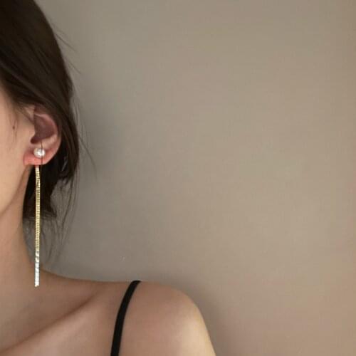 Korean Fashion Gold Color Thin Chain Water Wave Tassel Earrings for Women Long Chains Faux Pearl Statement Dangle Earrings Gift