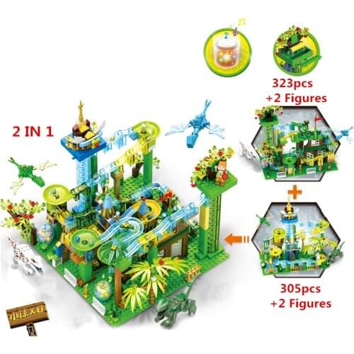 Marble Race Run Electric Funnel Slide Track Maze Ball Building Blocks Jurassiced Dinosaur Park World Kids Toys With Light Music