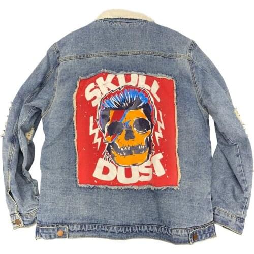 Lamb Wool Plus Fleece Thick Denim Jacket Mens Street Rock Skull Print Autumn And Winter Warm Casual Loose Outerwear