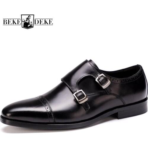 Men Business Leather Shoes Genuine Leather Oxfords Vintage Double Buckle Monk Shoes Black Dress Shoes Male Plus Size Brogues