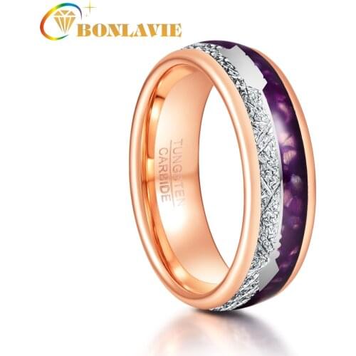 8mm Rose Gold Color Inlaid Meteorite Purple Agate Men Tungsten Carbide Rings Retro Arrow Tungsten Steel Anelli Uomo Jewellery