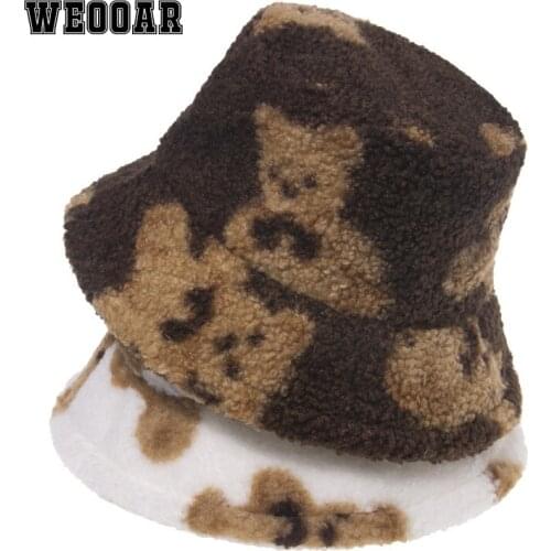 WEOOAR Lamb Wool Bear Womens Bucket Hat 2021 Winter Mens Panama Hat Luxury Autumn Warm Windproof Trendy Hat Hip Hop Caps MZ228