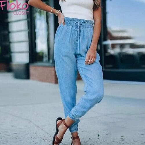 Flokocloset Casual Jeans Women 2021 Drawstring Mid Waist Pencil Pants Streetwear Slim Jean Trousers
