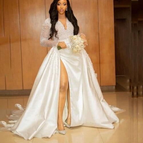 Luxury Major Pearls Overskirts Wedding Dresses Aso Ebi Sheer Neck vestido de noiva Long Sleeves High Split Satin Bridal Gowns