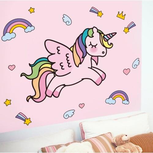[shijuekongjian] Unicorn Animals Wall Stickers DIY Cartoon Rainbow Wall Decals for Kids Room Baby Bedroom House Decoration