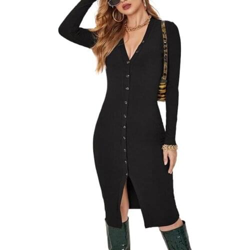Sexy Women Dress Knee-Length Slim Dress For Women Long Sleeve V-neck Autumn Winter Solid Casual Basic Buttons Black Bodycon