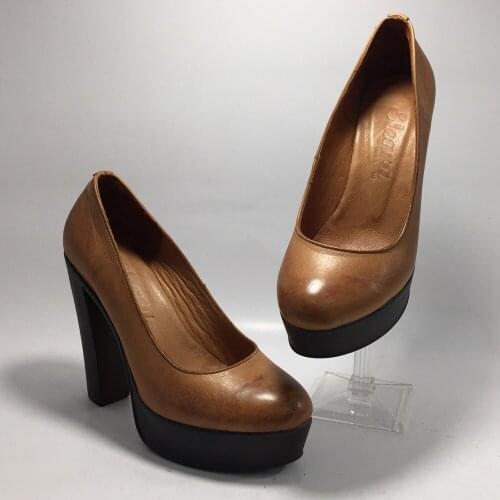 Women Tan Genuine Leather Platform Shoes Fashion Stylish Ultra High Heel Slip-On Office Shoes Sexy Party Pumps Round Toe