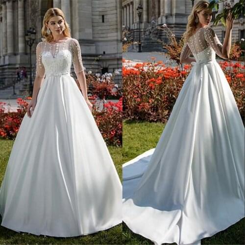 Vestidos de novia 2021 Simple Illusion Applique Beading Satin A-line Wedding Dresses With Half Sleeves Bride Dress
