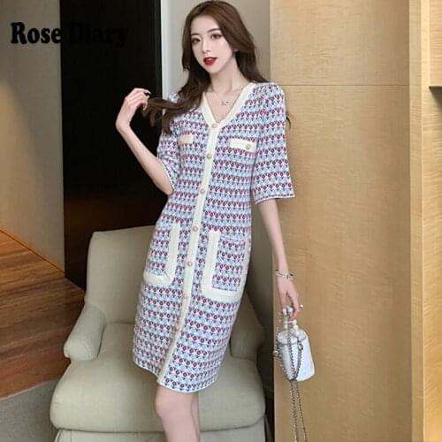 RoseDiary Women Spring Autumn Knitting Floral Casual Dress Fashion Button Decor Pocket Knitwear Dresses Plus Size Mujer Robes Za