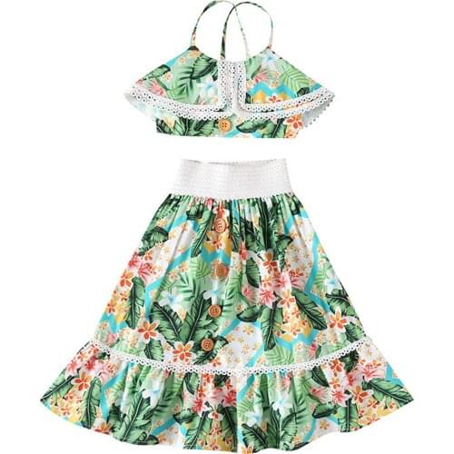 2021 Fashion Kids Girls Clothes Sets Boho Style Sleeveless Vest Tops Floral Print Ruffle Midi Skirts Outfit