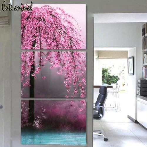 3pcs Diamond Painting Highland Cherry blossom pink flower spring landscape Diamond Embroidery Cross Stitch Diamond Mosaic art