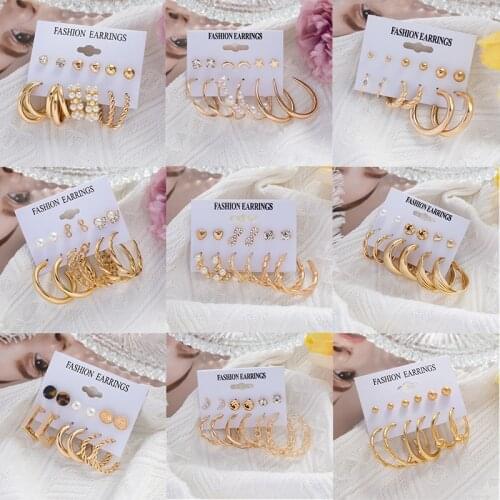 6Pcs/set Fashion Simple Metal Geometric Circle Gold Color Earrings Set For Women Vintage Simulated Pearl Square Earing Jewellery
