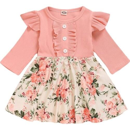 Spring Autumn Baby Girl Flower Dress Toddler Clothes Round Neck Ruffles Splice Floral Printing Long Sleeve Kids Dress