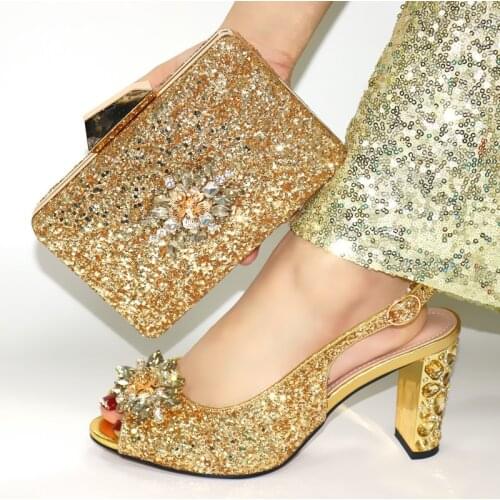 Doershow Nigerian Party gold Shoe and Bag Sets Italian Shoes and Bags Set for party African Matching Shoes and Bags!SIM1-3