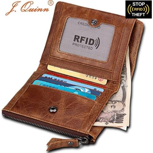 J.Quinn RFID Short Wallets Double Zipper Men Leather Wallet Genuine Cow Card Case Coin Purse Casual Mens Wallet Brand 2017 New