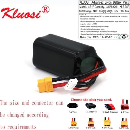 KLUOSI 4S1P 14.8V 3.5Ah 16.8V High Capacity UAV Rechargeable Li-ion Battery for Various RC Airplane Quadrotor Etc XH2.54-5P XT60