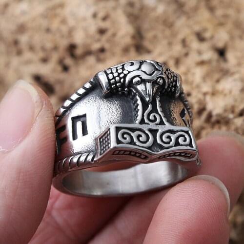 Vintage Thors Hammer Mjolnir Ring Stainless Steel Nordic Viking Rune Rings For Men Women Fashion Norse Amulet Jewelry Gift