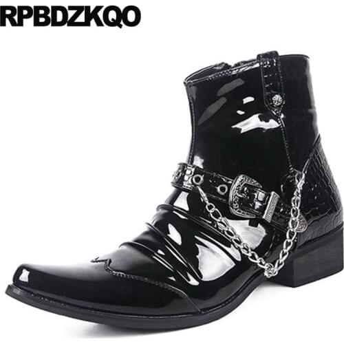 Zipper Fashion Waterproof Ankle Punk Metalic Booties Black Shoes Pointed Toe Rock Chunky Snakeskin Mens Patent Leather Boots