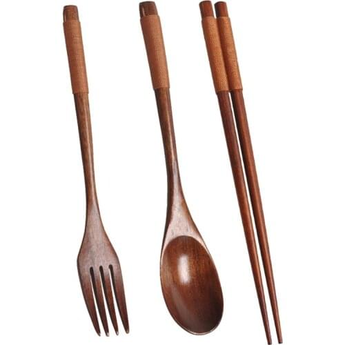 Wooden Flatware Set, Wooden Portable Set Spoon Fork Chopsticks Tableware Dinnerware with Khaki Twining Thread