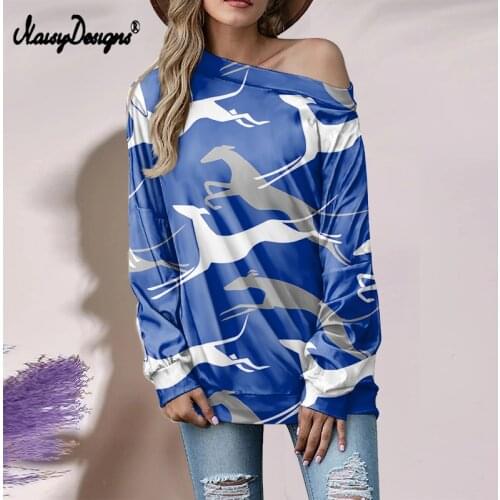 Noisydesigns Women Off Shoulder Tops Greyhound Dog Print Creativity Ladies Long Sleeve Casual Pullover T-shirt Vestidos Mujer