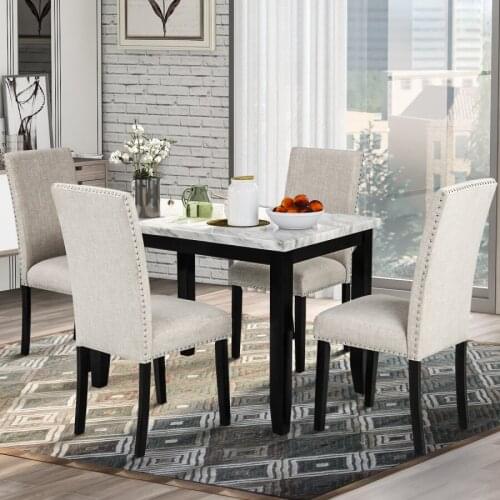 5-Piece Dining Set Table Faux Marble with 4 Thicken Cushion Dining Chairs Home Furniture, White/Beige