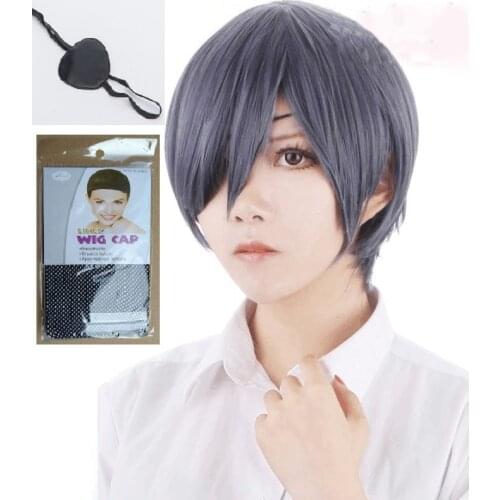 Anime Black Butler Kuroshitsuji Ciel Phantomhive Wig Grey Blue Mixed Short Synthetic Hair Cosplay Wigs + Black Eyepatch+ Wig Cap