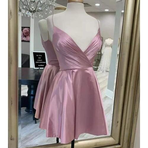 Sexy Short A-Line Dusty Rose Taffeta Homecoming Dress with Pockets V-Neck Knee Length Corset Back Graduation Dresses for Juniors