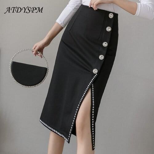 High Waist Split Straight Skirts Women Sexy Buttons Diamond Design Package Hip Skirt Female Streetwear Midi Skirts Plus Size 5XL