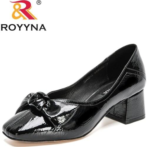 ROYYNA 2021 New Designers Genuine Patent Leather Boat Shoes Women Square Toe Butterfly-Nkot Ladies Shoes Bow Pumps Chunky Heeled