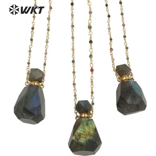 WT-N1268 Gorgeous Faceted Labradorite Bottle Stone Necklace For Stock Essential Oil Water Drop Shiny Labradorite Necklace