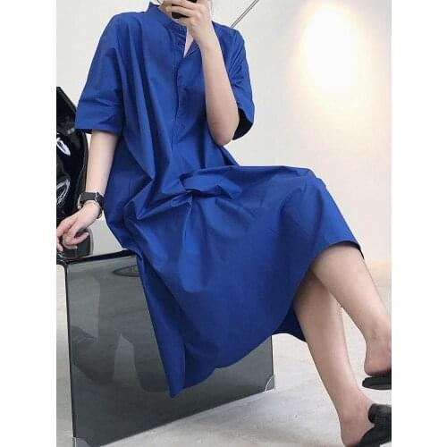 Women Long Shirts Dress Office Lady Work Dresses Casual Solid Stand Collar Vestidos Cotton Tunic Shirt Robe Femme Dresses