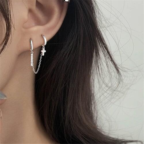 1 Pcs 925 Sterling Silver Zircon Tassel Cross Punk Stud Earrings For Women Party Wedding 2021 New Jewelry Pendientes eh1265