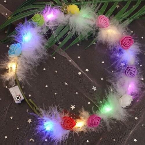 1pcs Colorful Glowing Light Up Feather Garland Luminous Rose Flower Wreath Wedding Party Prom Props for Kids and Adult