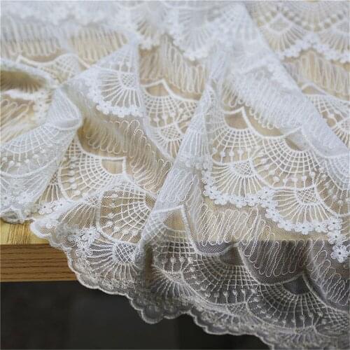 1Yard Exquisite Net Yarn Beige Cotton Embroidery Scalloped Lace Fabric 125CM Wide Dress Wedding Dress Curtain Gauze Shade Fabric