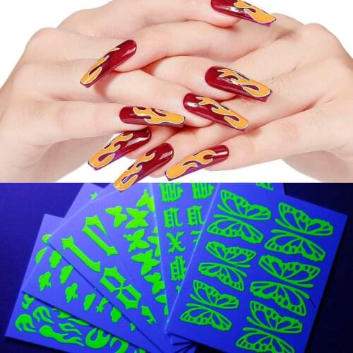 6pc/Set Fluorescent Decals Flame/Cloud/Hollow Butterfly/Letter/Solid Butterfly/Number Nail Art Sticker DIY Tip Nail Decals Tr#30