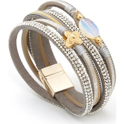 ALLYES Multilayer Cute Flower Charm Leather Bracelets for Women Fashion Natural Stone Oval Wrap Bracelet Bangle Female Jewelry