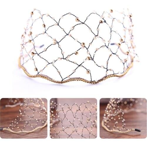 Baroque Vintage Luxury Crystal Head Chain Imitation Pearl Beaded Mesh Metal Headband Bridal Wedding Party Jewelry Bandana Hair
