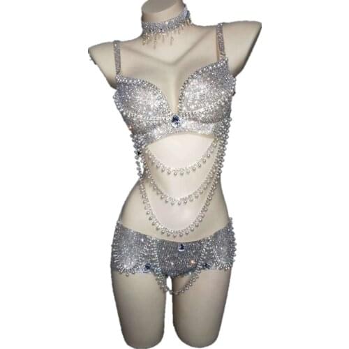 Silver Full Rhinestone Pearl Beaded Bra Short Set Women Dancer Bar Show Bikini Wear Prom Party DS DJ Nightclub Outfit Set