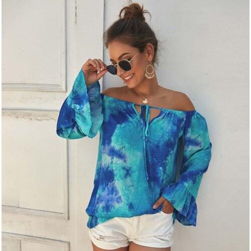 Summer Oversized T-shirt Women Tie Dye Slash Neck Flare Sleeve Bandage Sexy Off Shoulder Tops Casual Loose Streetwear T Shirts