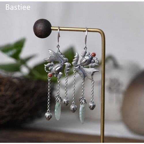 Bastiee Korean Earrings Earrings Silver 925 Jewelry For Women Jade Golden Plated Long Earrings Vintage Silver Earrings