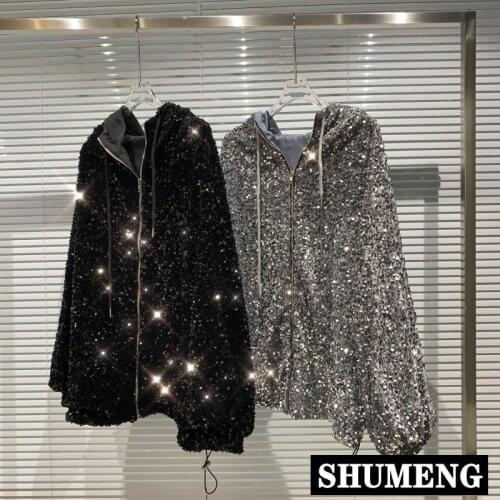 2021 Autumn New Sequined Shiny Hooded Drawstring Long Sleeve Zip Jacket Fashion Streetwear Women Coat Loose Hoodies