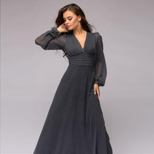 Fashion Women Casual Long Party Dress Long Sleeve v-Neck Polka Dot Printed Evening Dress Elegant Ladies 2021 Summer New Dress